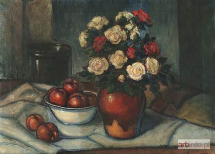 ŚLEWIŃSKI Władysław | BIAŁE I CZERWONE RÓŻE W POLEWANYM WAZONIE I JABŁKA, ok. 1902 lub 1909-1910