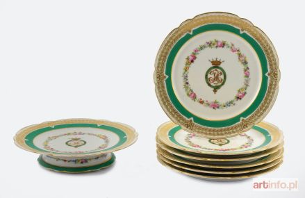 Zespół deserowy - sześć talerzyków i paterka z monogramem ZH lub HZ po koroną szlachecką