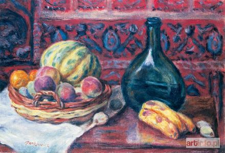 PANKIEWICZ Józef | BRZOSKWINIE, MELON, BANANY; [MARTWA NATURA Z ZIELONĄ BUTLĄ], 1924 r.