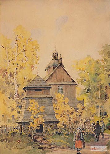 GIBIŃSKI Stanisław | PEJZAŻ Z DREWNIANYM KOŚCIOŁEM