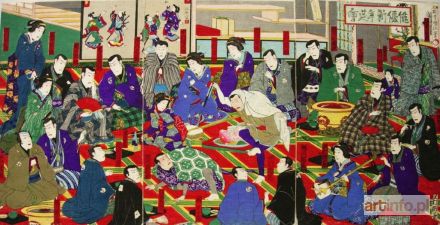 BAIDO Hosai (Utagawa Kunimasa IV) | Świętowanie Nowego Roku. Scena z teatru kabuki - tryptyk