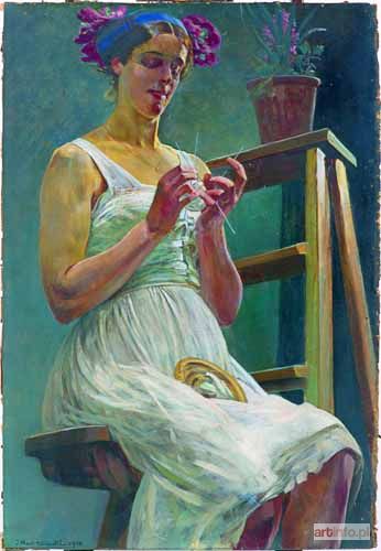 MALCZEWSKI Jacek | Modelka z ręczną robótką przy drabinie, 1920