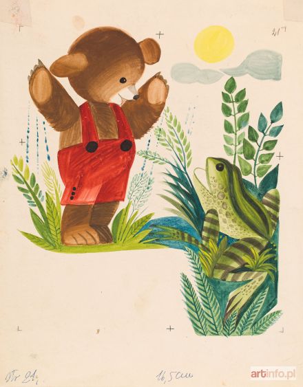 RYCHLICKI Zbigniew | Majowy deszczyk - Miś Uszatek i żabka - ilustracja do książki Przygody i wędrówki Misia Uszatka Czesława Janczarskiego, 1960 r.