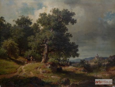 BERGH Edward (Johan-Edvard) | Pejzaż z oddziałem konnych żołnierzy i zamkiem, 1860