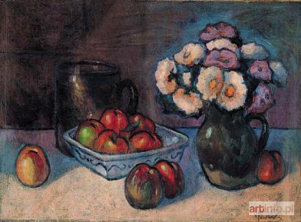 ŚLEWIŃSKI Władysław | JABŁKA W FAJANSOWEJ PATERZE I DZBAN Z KWIATAMI, ok. 1907